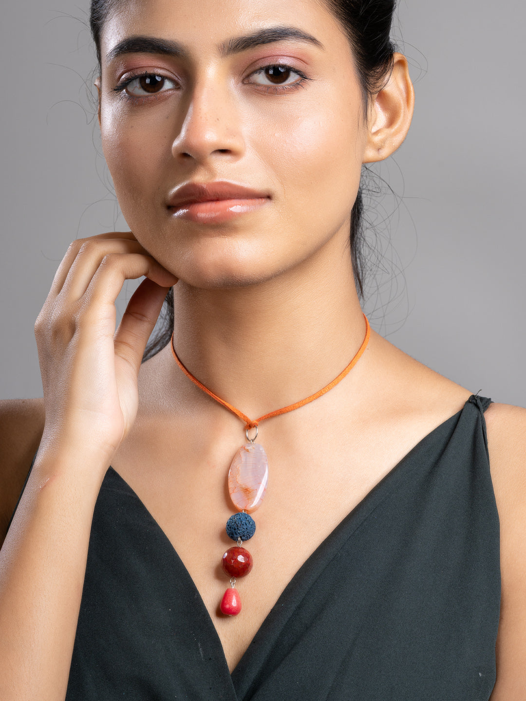 Brown Green Onyx Agate Lava Sleek Necklace With Adjustable Suede Cord LOOK AND ADORN - designed for you