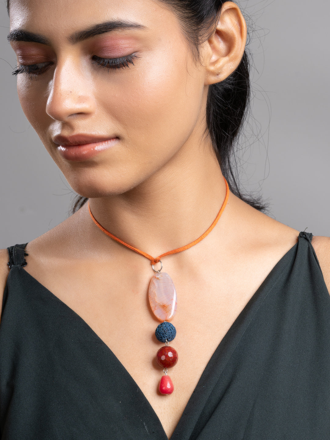 Brown Green Onyx Agate Lava Sleek Necklace With Adjustable Suede Cord LOOK AND ADORN - designed for you