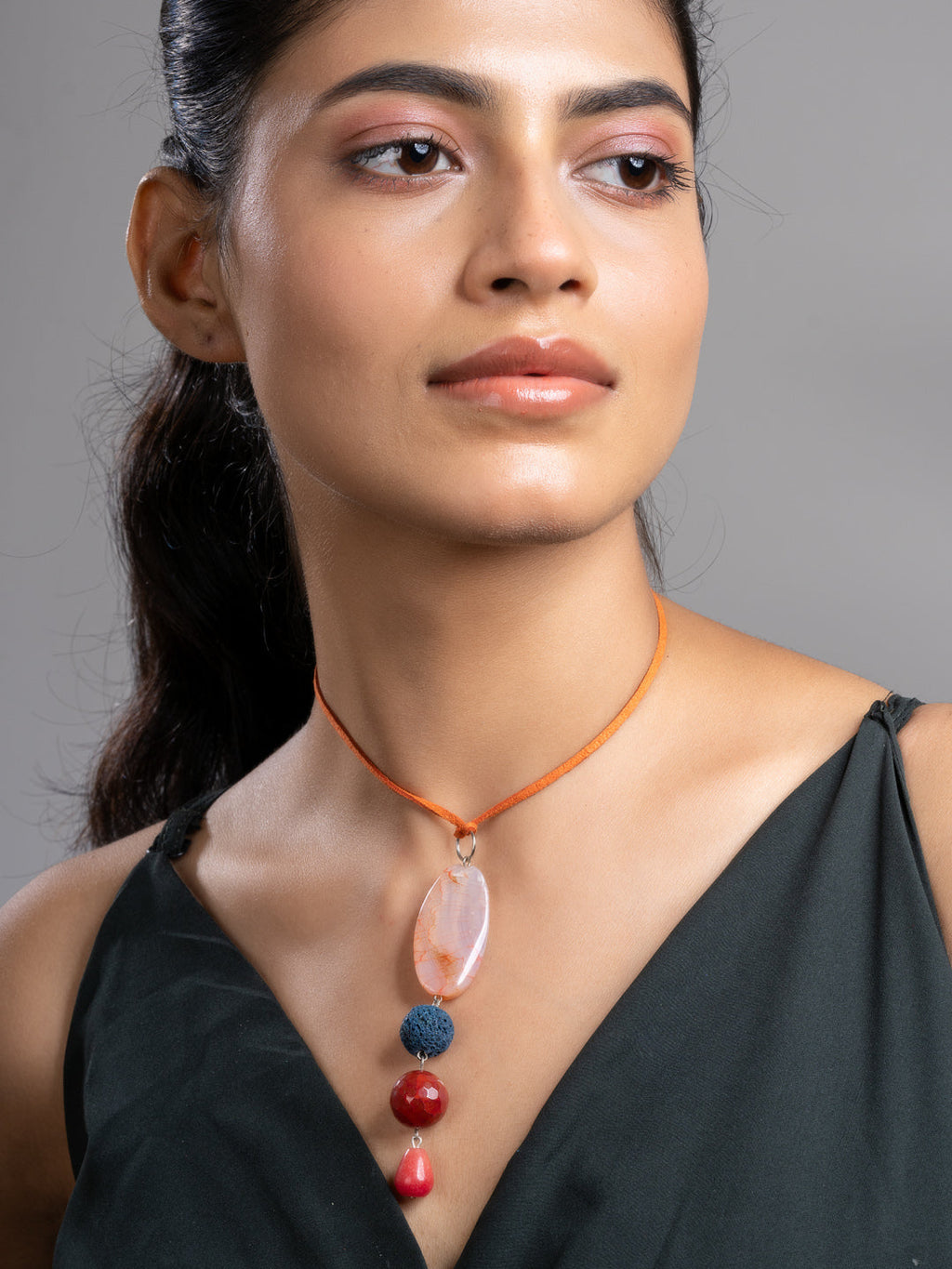Brown Green Onyx Agate Lava Sleek Necklace With Adjustable Suede Cord LOOK AND ADORN - designed for you