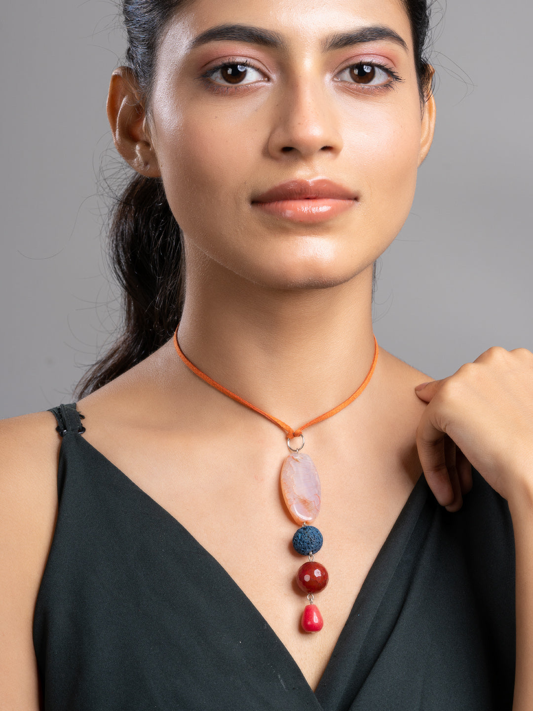 Brown Green Onyx Agate Lava Sleek Necklace With Adjustable Suede Cord LOOK AND ADORN - designed for you
