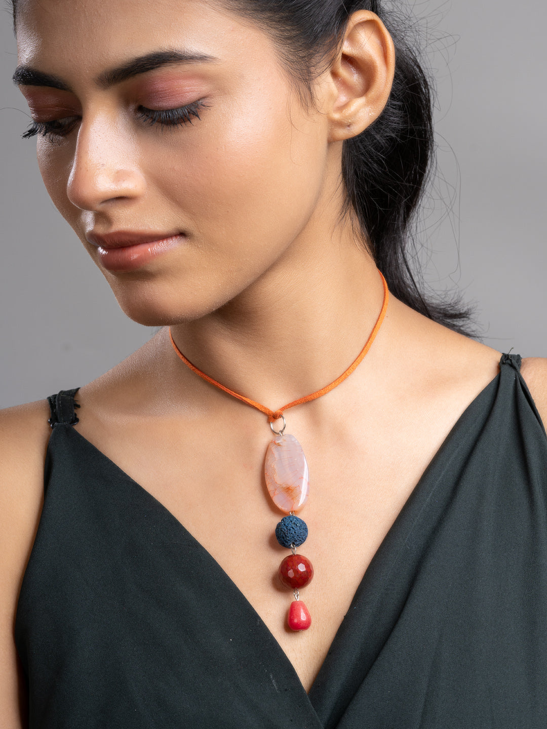 Brown Green Onyx Agate Lava Sleek Necklace With Adjustable Suede Cord LOOK AND ADORN - designed for you