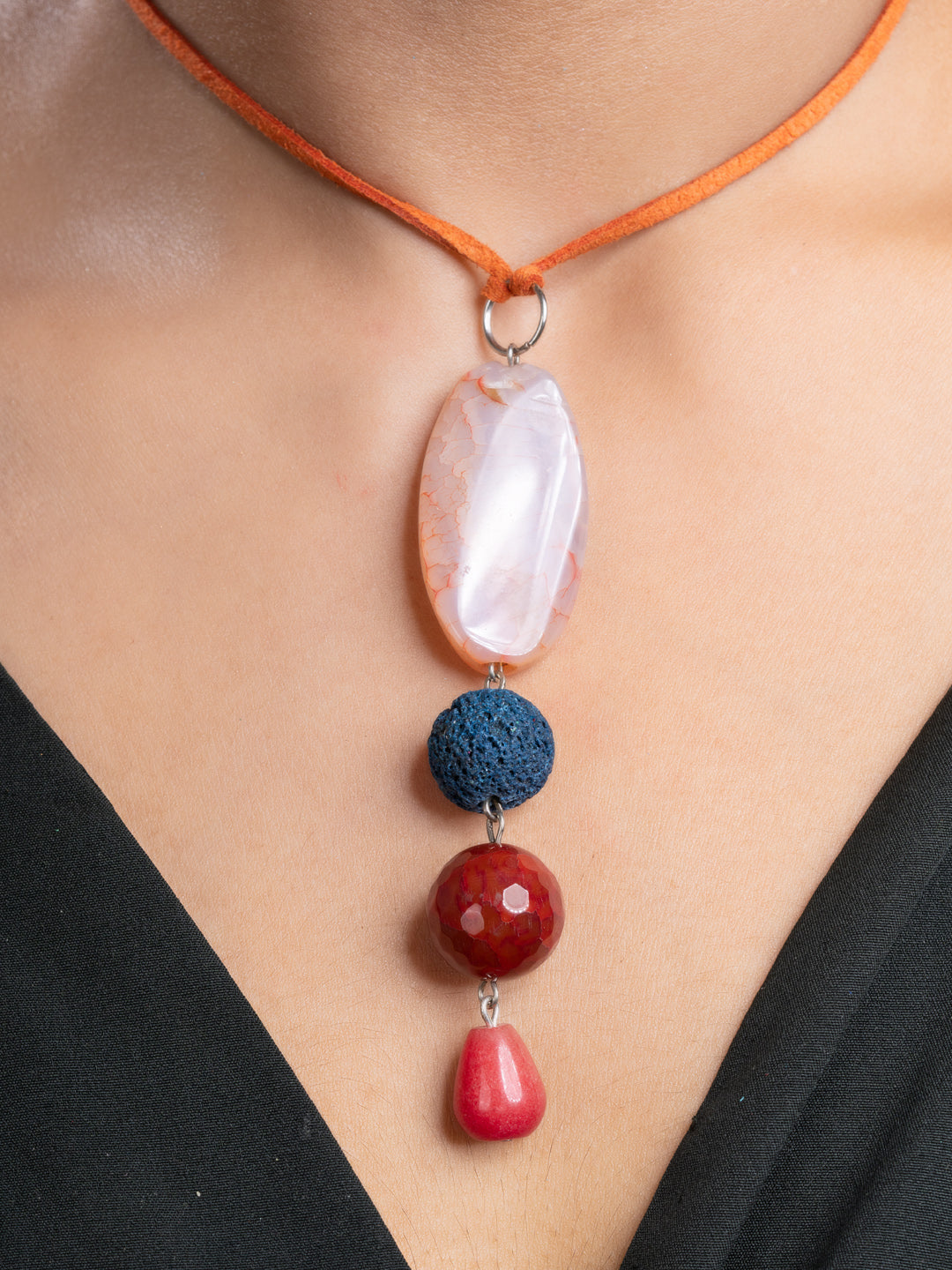 Brown Green Onyx Agate Lava Sleek Necklace With Adjustable Suede Cord