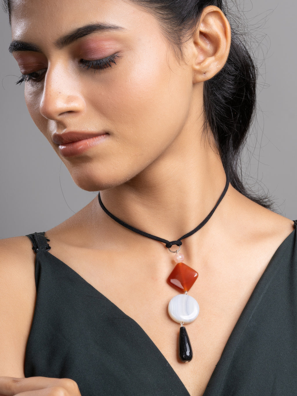 Black Brown White Onyx Agate  Sleek Necklace With Adjustable Suede Cord