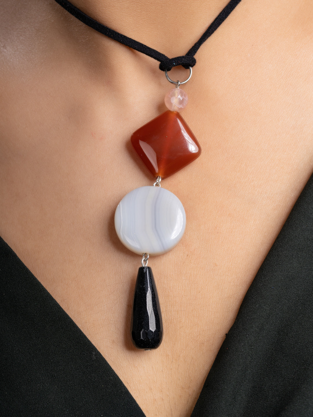 Black Brown White Onyx Agate  Sleek Necklace With Adjustable Suede Cord