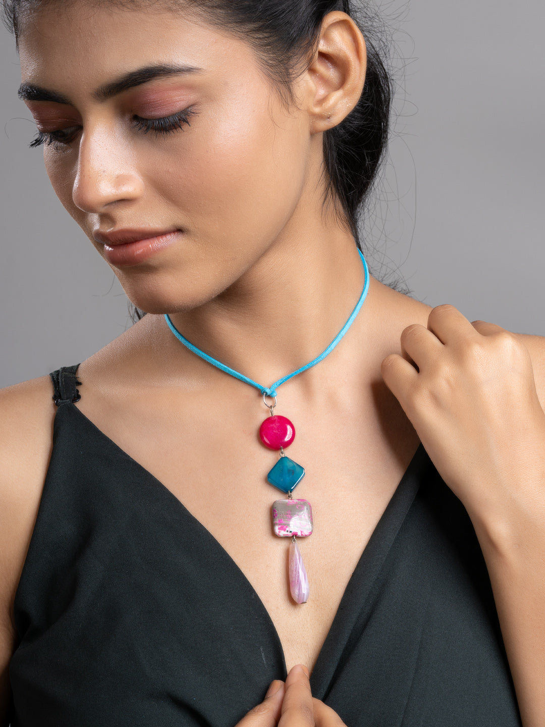 Pink Blue Onyx Agate  Sleek Necklace With Adjustable Suede Cord LOOK AND ADORN - designed for you