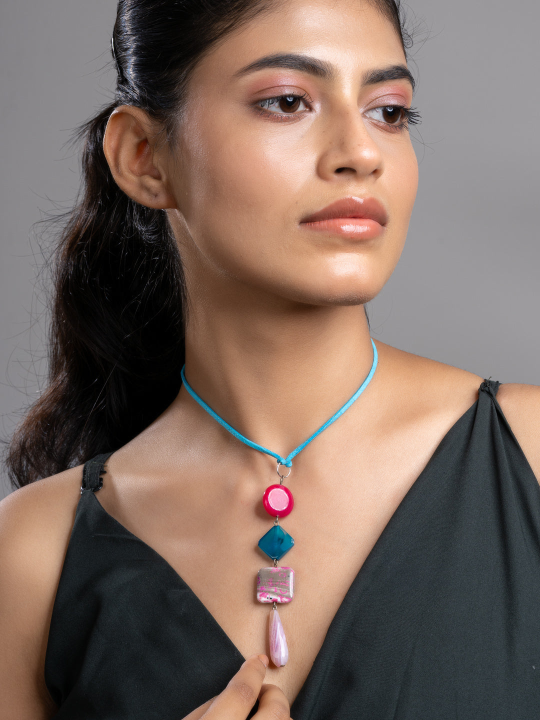 Pink Blue Onyx Agate  Sleek Necklace With Adjustable Suede Cord LOOK AND ADORN - designed for you