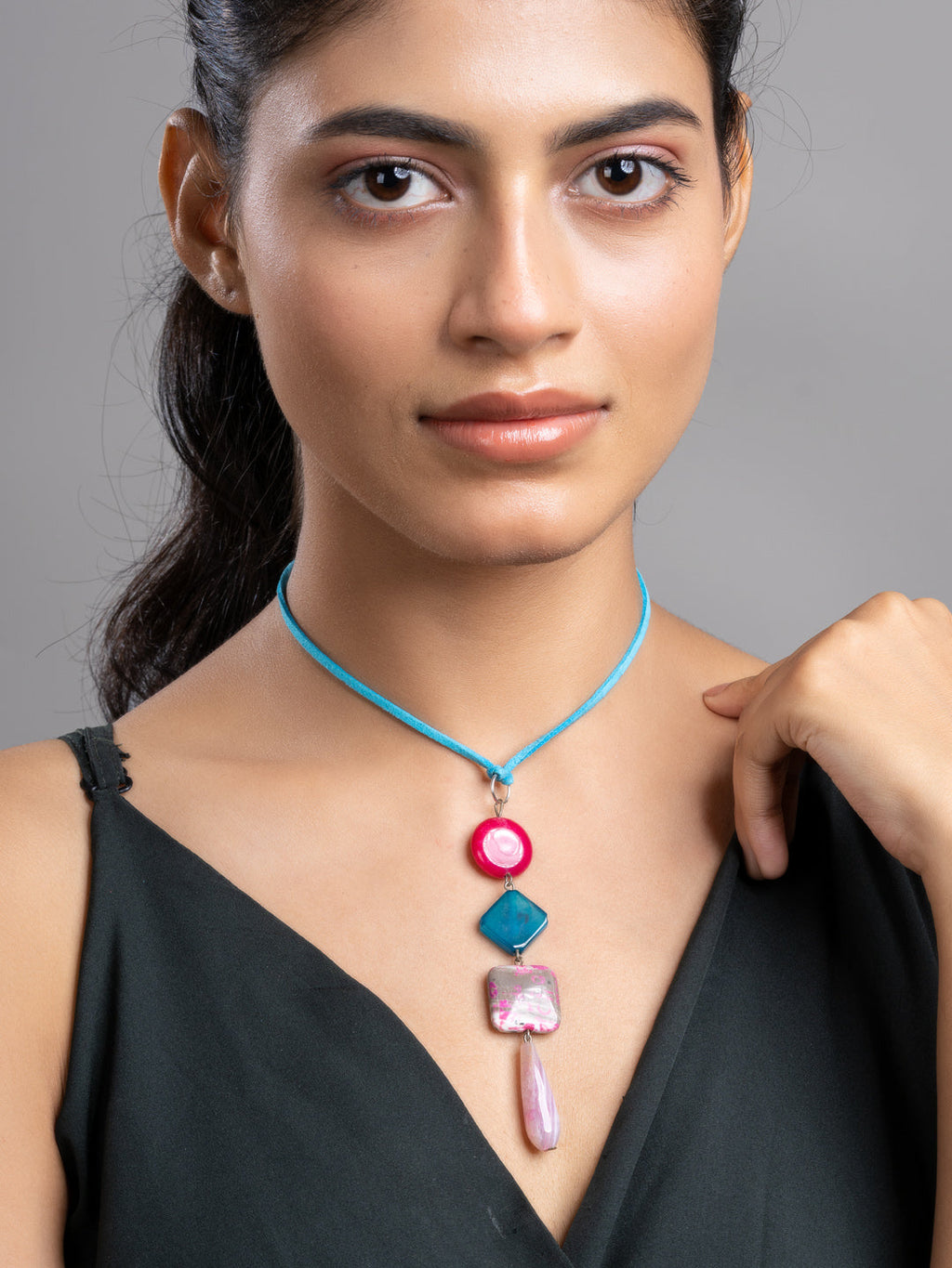 Pink Blue Onyx Agate  Sleek Necklace With Adjustable Suede Cord LOOK AND ADORN - designed for you