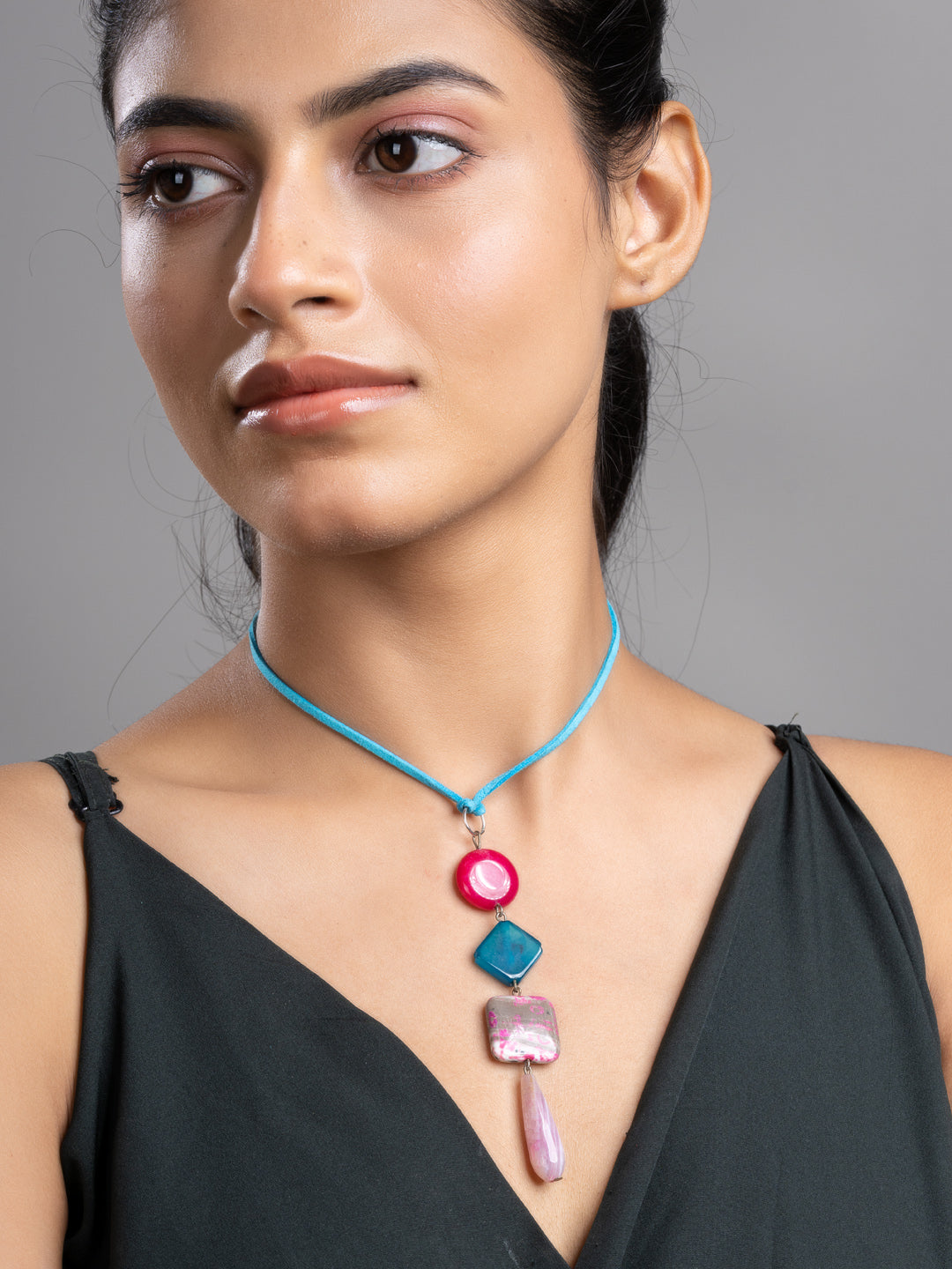 Pink Blue Onyx Agate  Sleek Necklace With Adjustable Suede Cord LOOK AND ADORN - designed for you