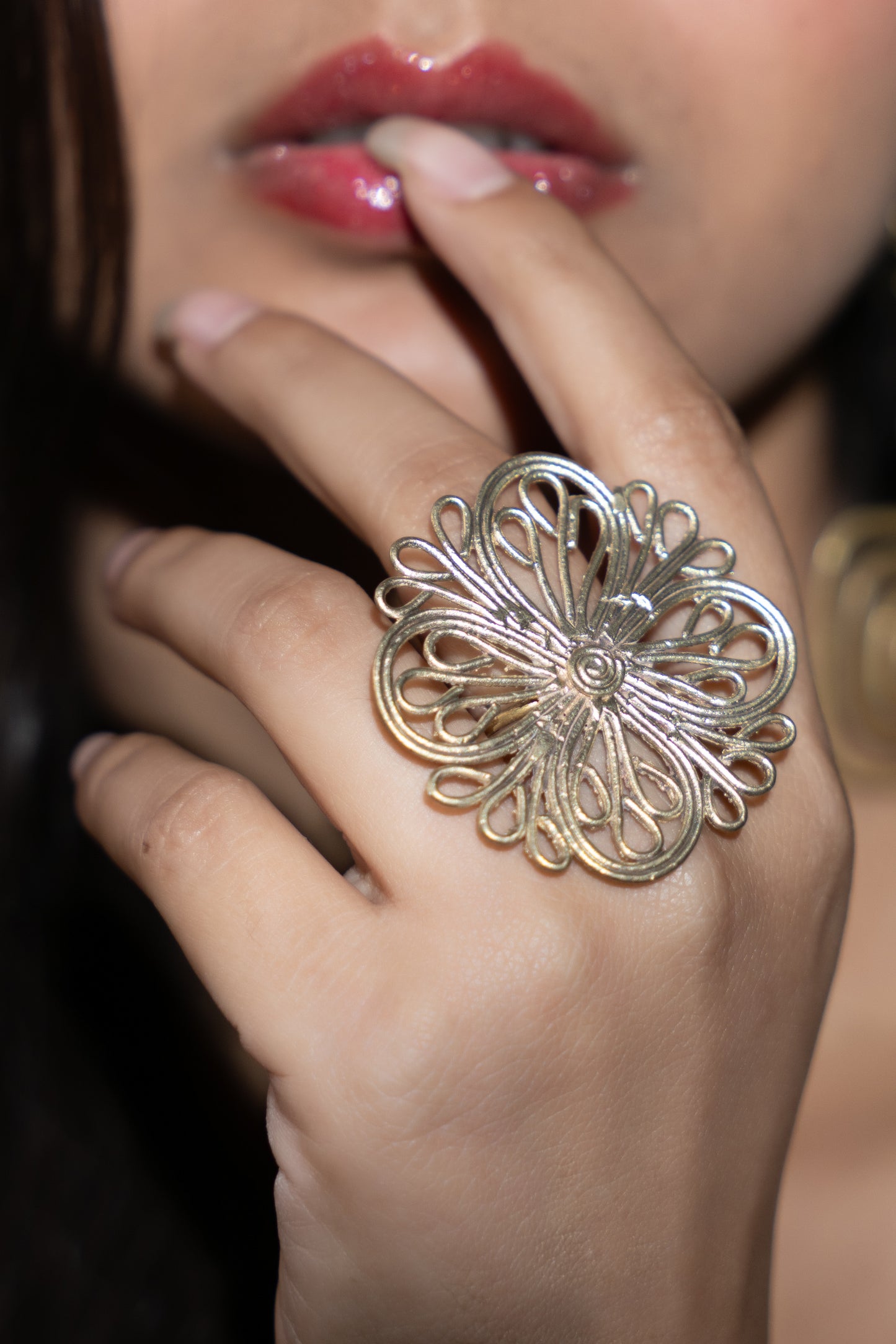 Handmade Floral Motif Dokra Brass Adjustable Finger Ring