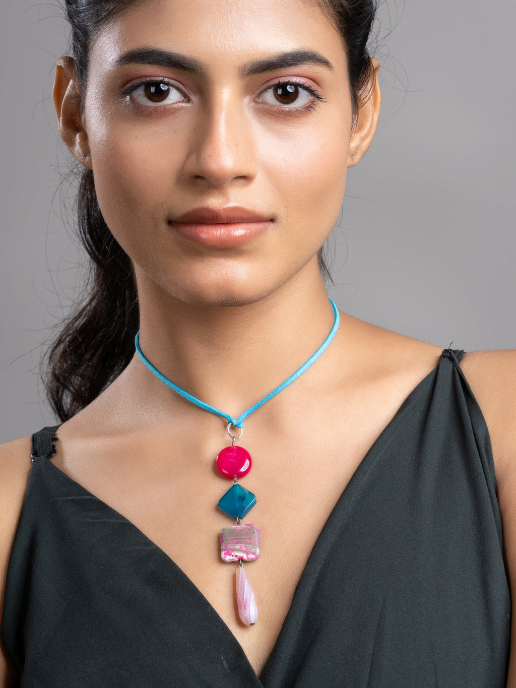 Pink Blue Onyx Agate  Sleek Necklace With Adjustable Suede Cord LOOK AND ADORN - designed for you