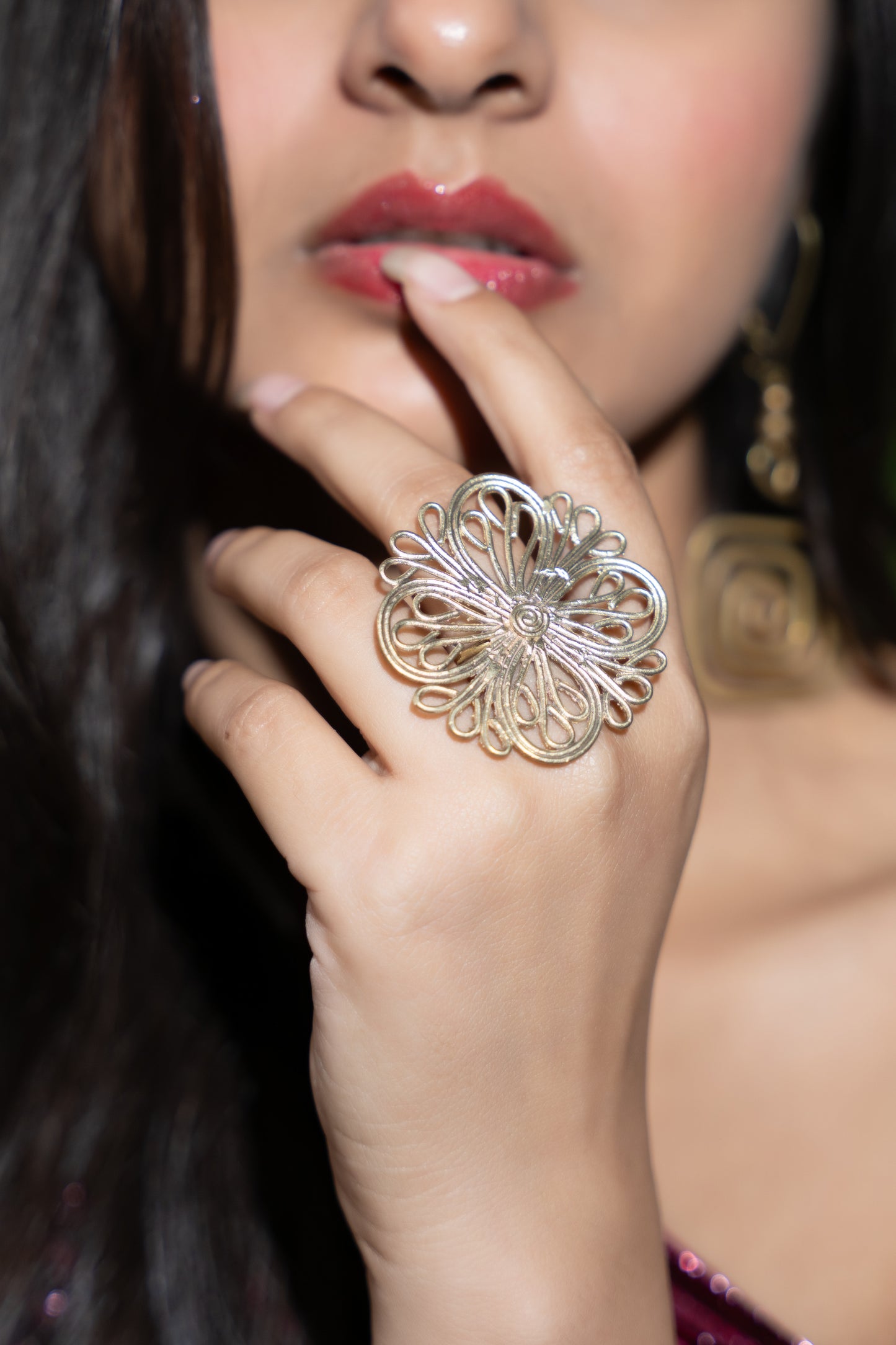 Handmade Floral Motif Dokra Brass Adjustable Finger Ring