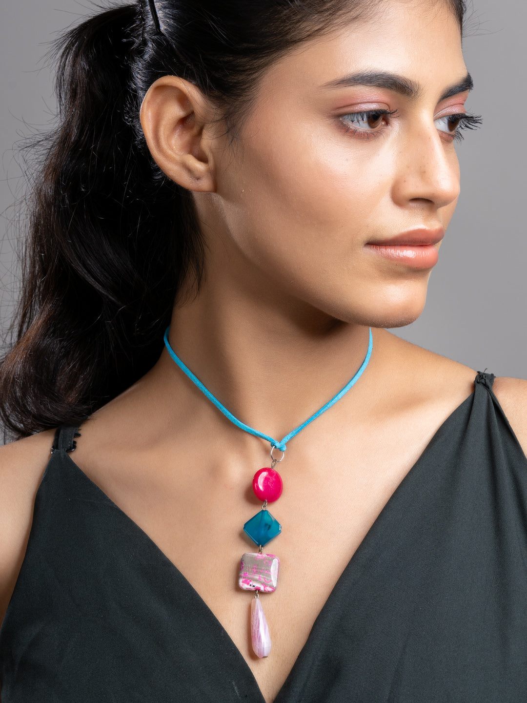Pink Blue Onyx Agate  Sleek Necklace With Adjustable Suede Cord LOOK AND ADORN - designed for you