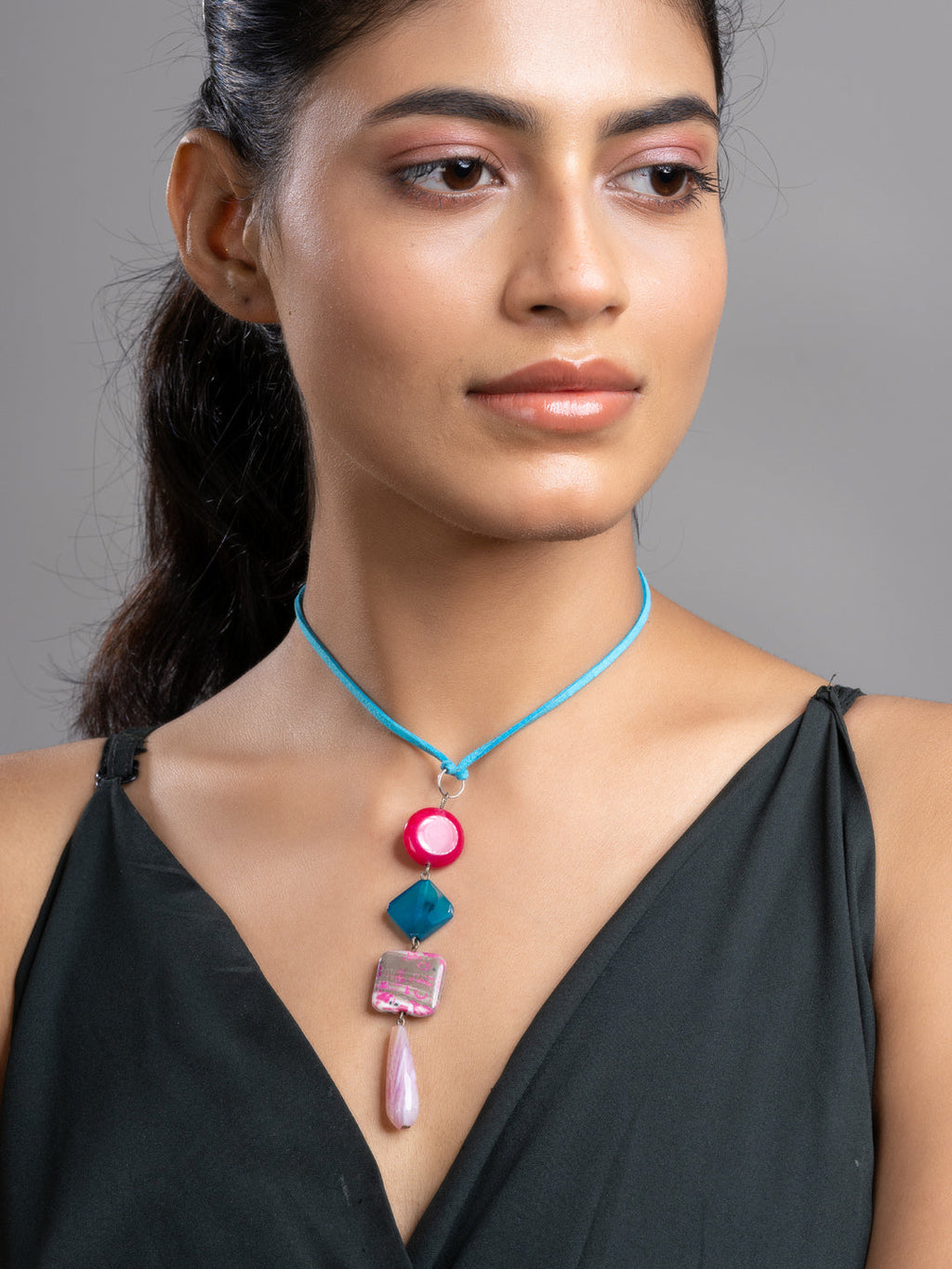 Pink Blue Onyx Agate  Sleek Necklace With Adjustable Suede Cord LOOK AND ADORN - designed for you