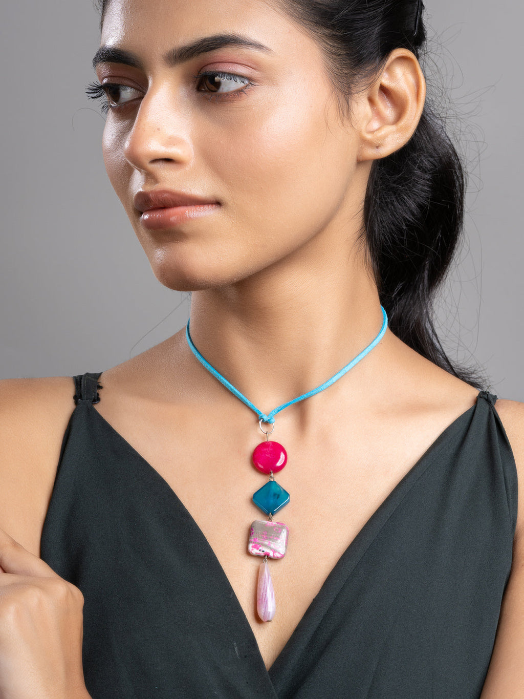 Pink Blue Onyx Agate  Sleek Necklace With Adjustable Suede Cord LOOK AND ADORN - designed for you