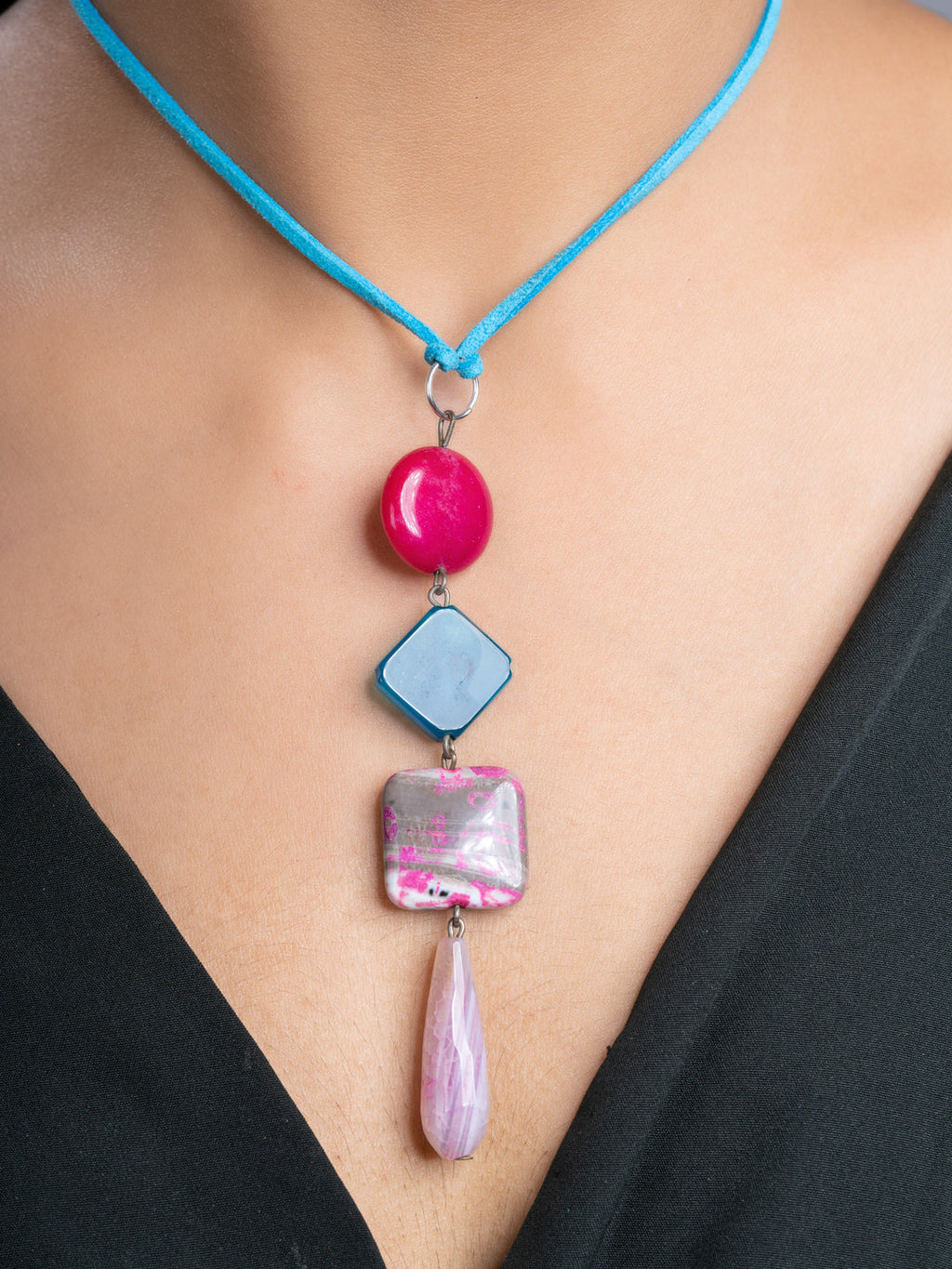 Pink Blue Onyx Agate  Sleek Necklace With Adjustable Suede Cord LOOK AND ADORN - designed for you