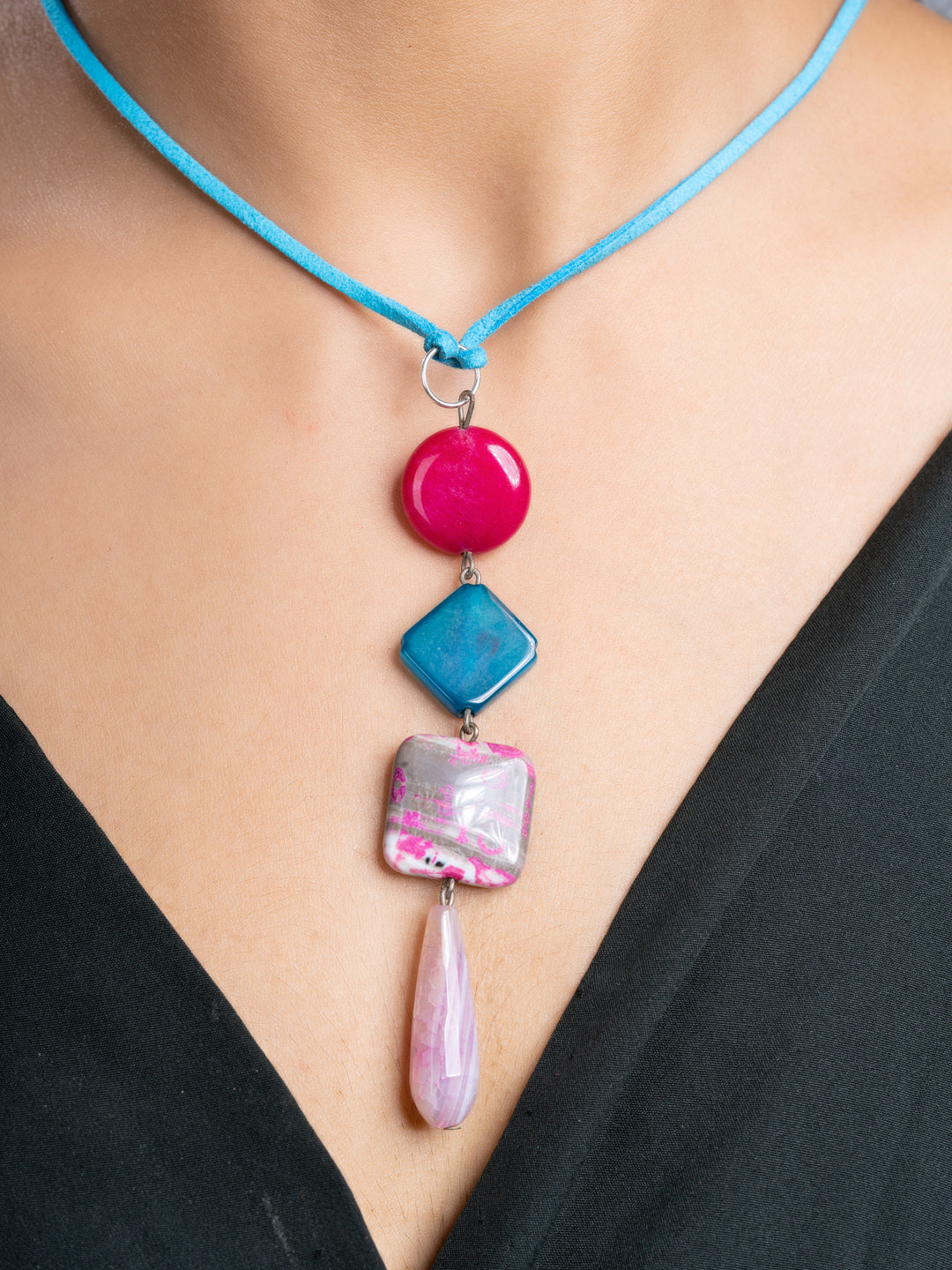 Pink Blue Onyx Agate  Sleek Necklace With Adjustable Suede Cord LOOK AND ADORN - designed for you