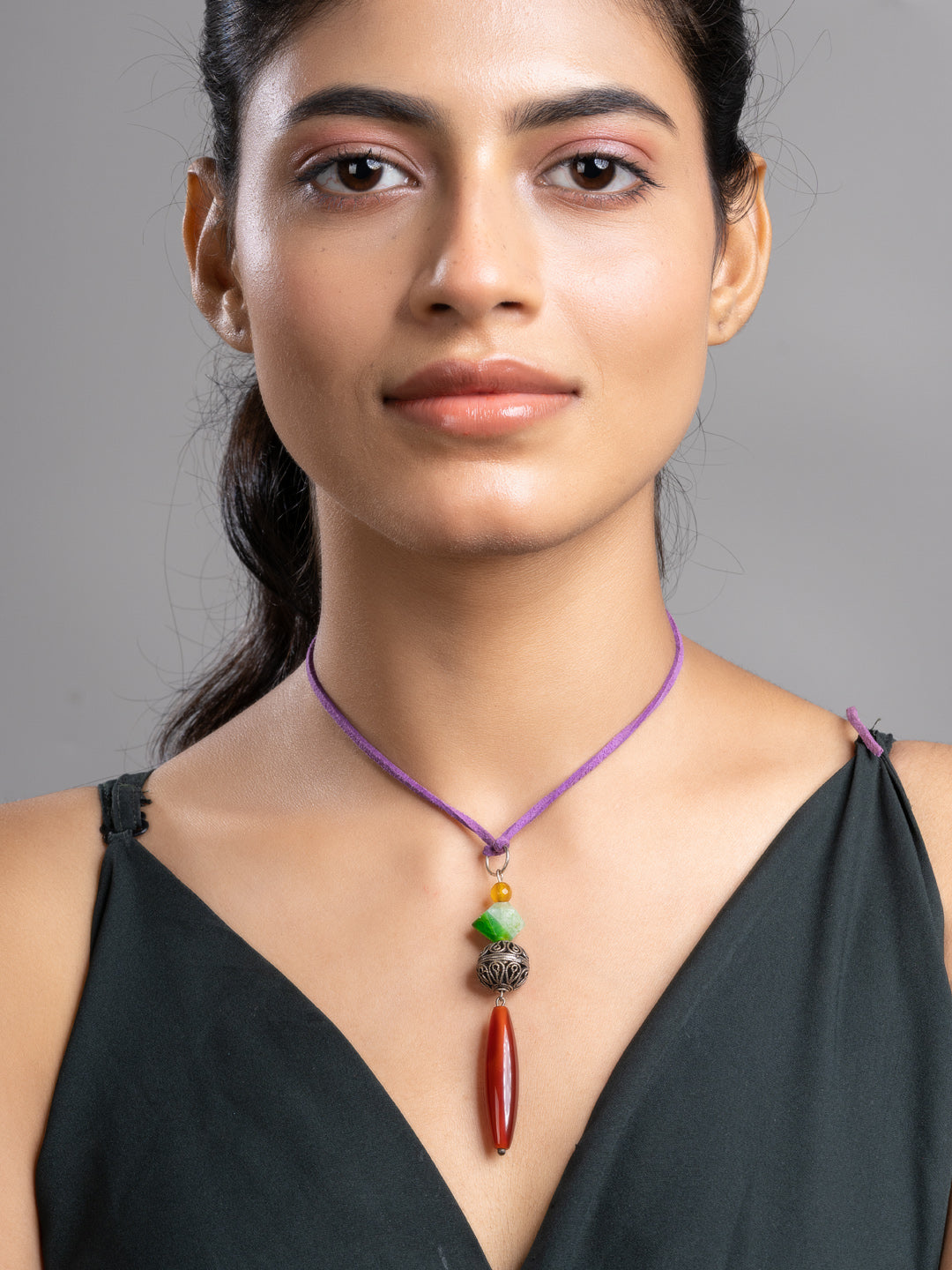 Brown Green Onyx Agate  Sleek Necklace With Adjustable Suede Cord