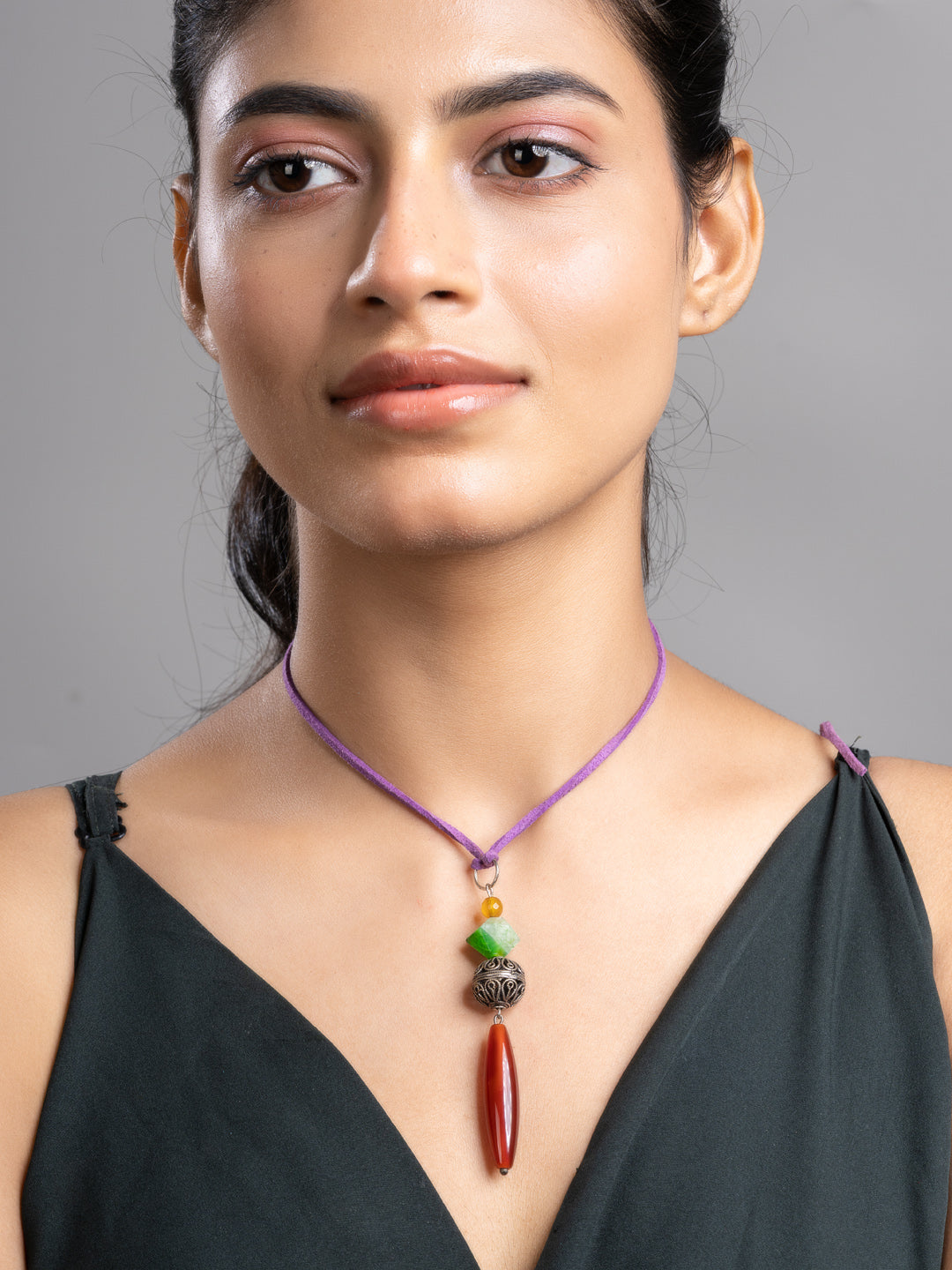 Brown Green Onyx Agate  Sleek Necklace With Adjustable Suede Cord