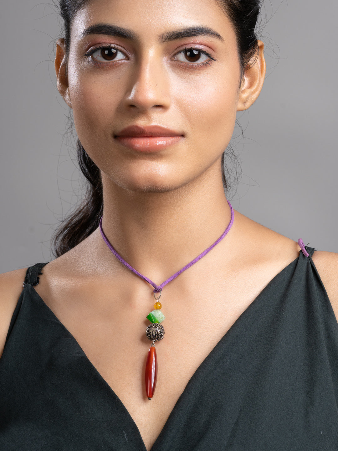 Brown Green Onyx Agate  Sleek Necklace With Adjustable Suede Cord