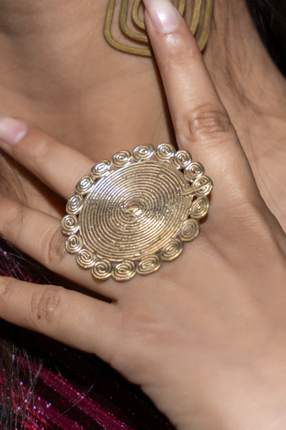 Handmade Circular Floral Dokra Brass Adjustable Finger Ring