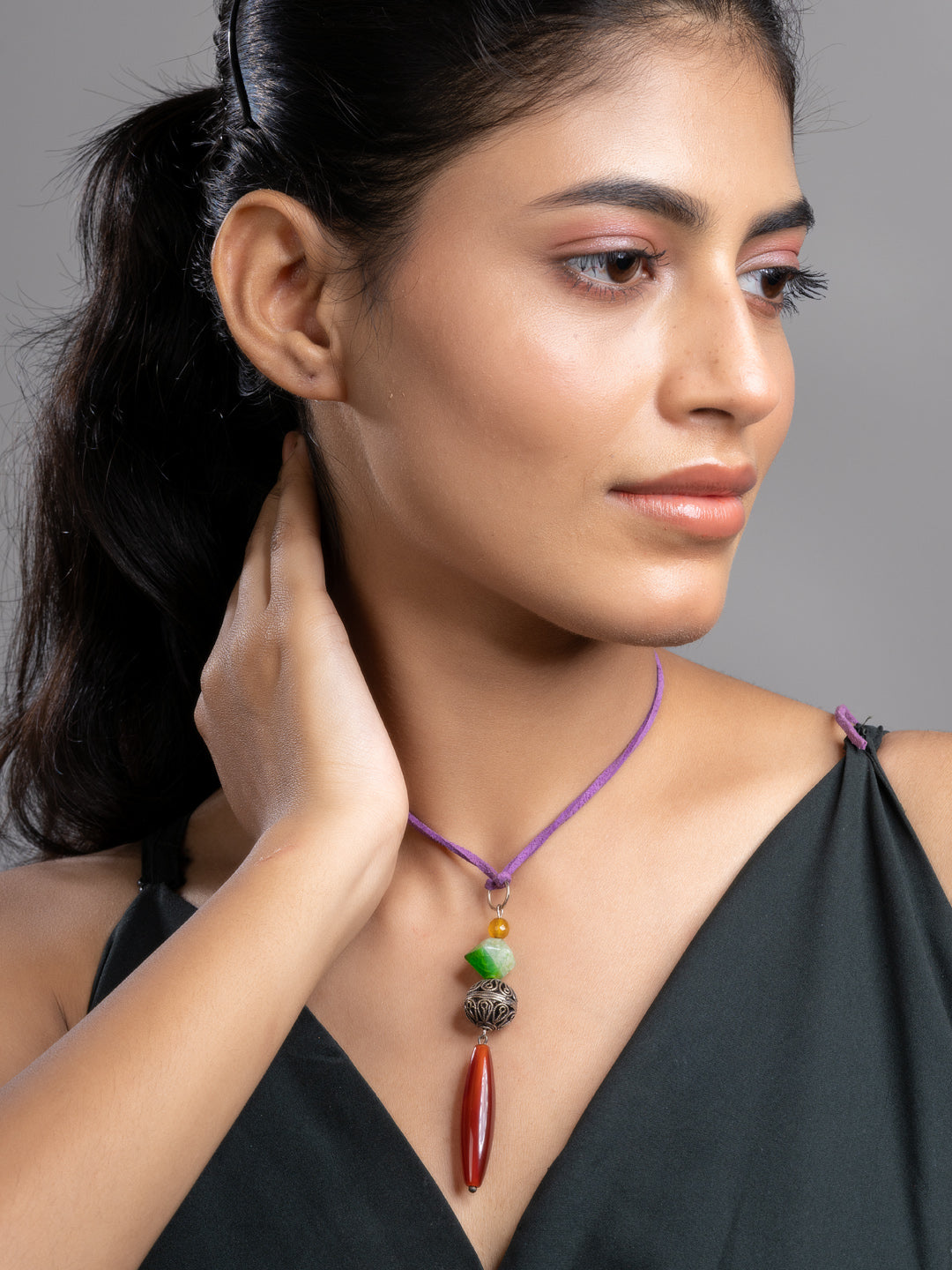 Brown Green Onyx Agate  Sleek Necklace With Adjustable Suede Cord