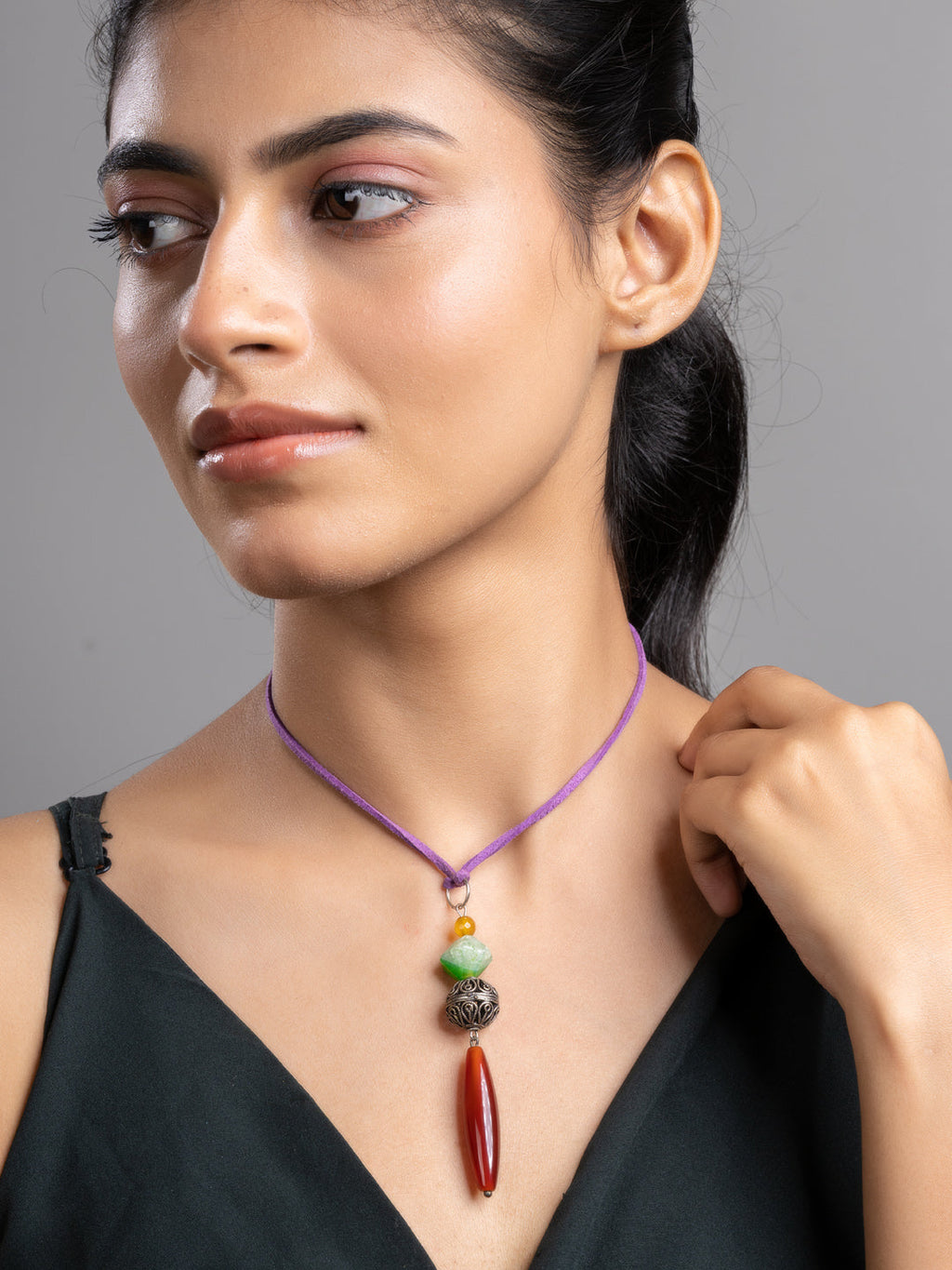 Brown Green Onyx Agate  Sleek Necklace With Adjustable Suede Cord LOOK AND ADORN - designed for you