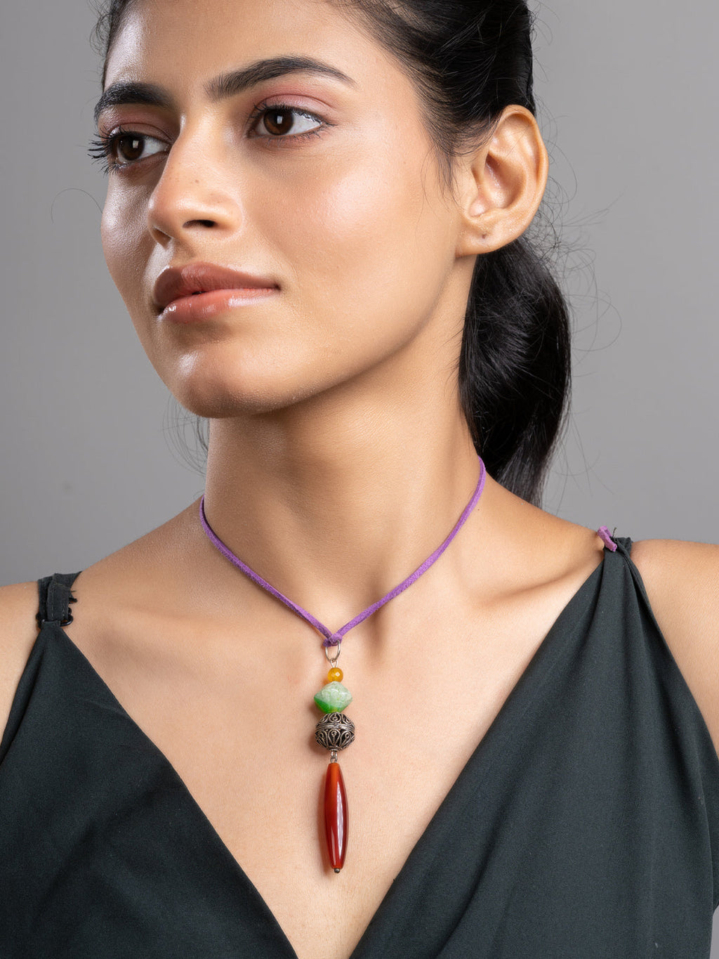 Brown Green Onyx Agate  Sleek Necklace With Adjustable Suede Cord LOOK AND ADORN - designed for you