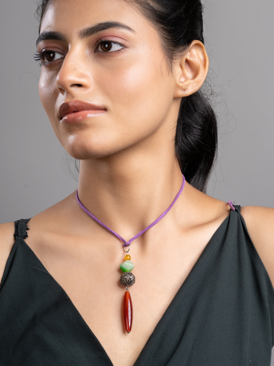 Brown Green Onyx Agate  Sleek Necklace With Adjustable Suede Cord LOOK AND ADORN - designed for you