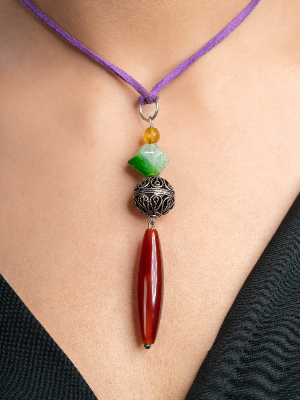Brown Green Onyx Agate  Sleek Necklace With Adjustable Suede Cord LOOK AND ADORN - designed for you