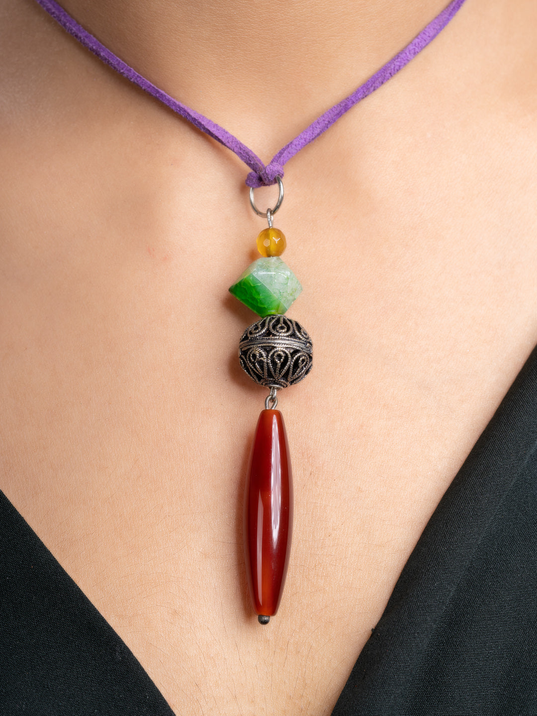 Brown Green Onyx Agate  Sleek Necklace With Adjustable Suede Cord