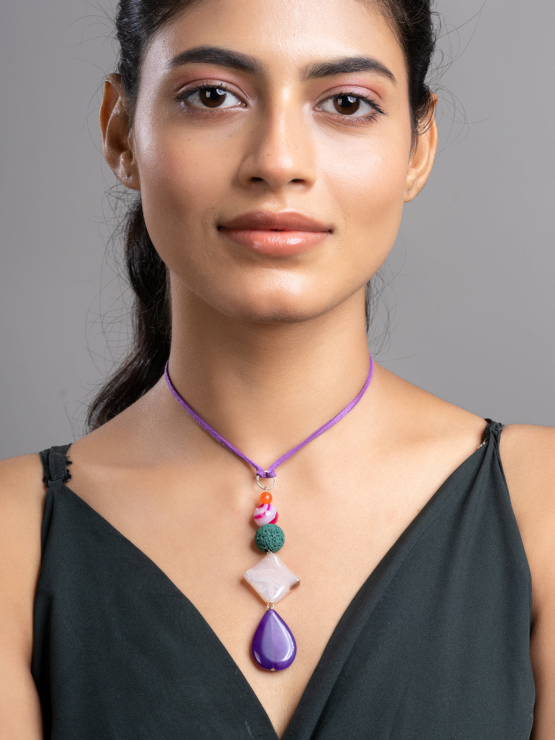 Purple Pink Green Onyx Agate Lava Sleek Necklace With Adjustable Suede Cord