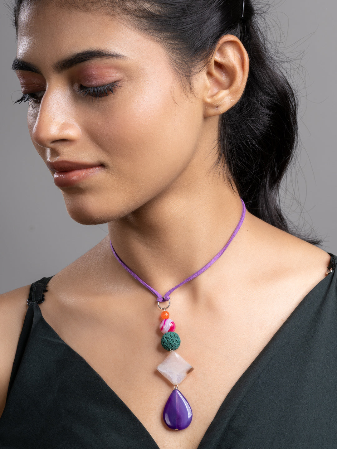 Purple Pink Green Onyx Agate Lava Sleek Necklace With Adjustable Suede Cord