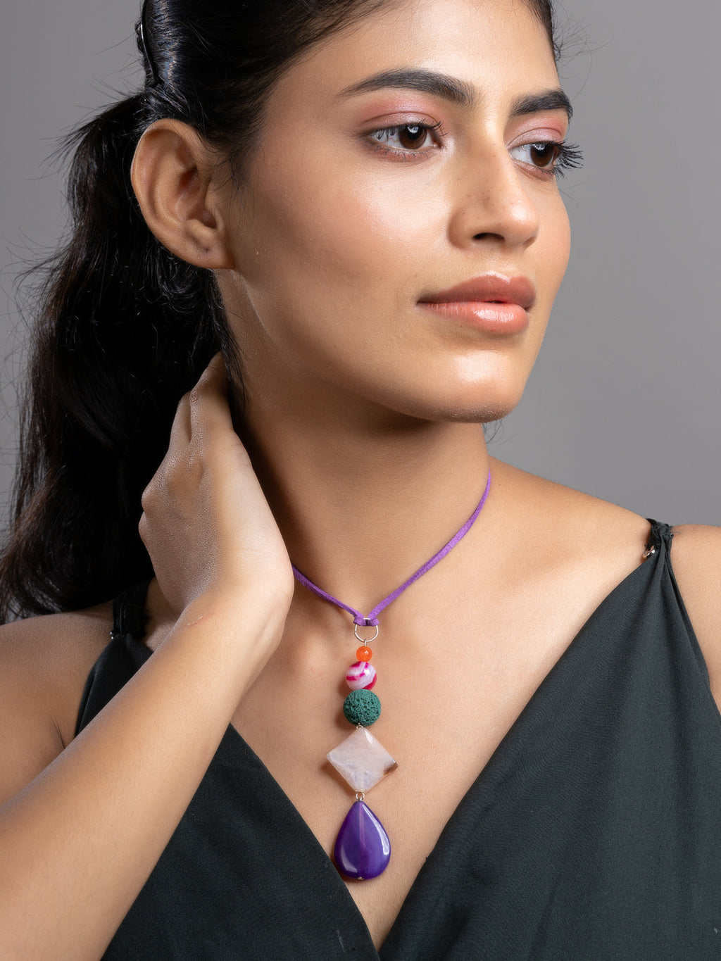 Purple Pink Green Onyx Agate Lava Sleek Necklace With Adjustable Suede Cord LOOK AND ADORN - designed for you