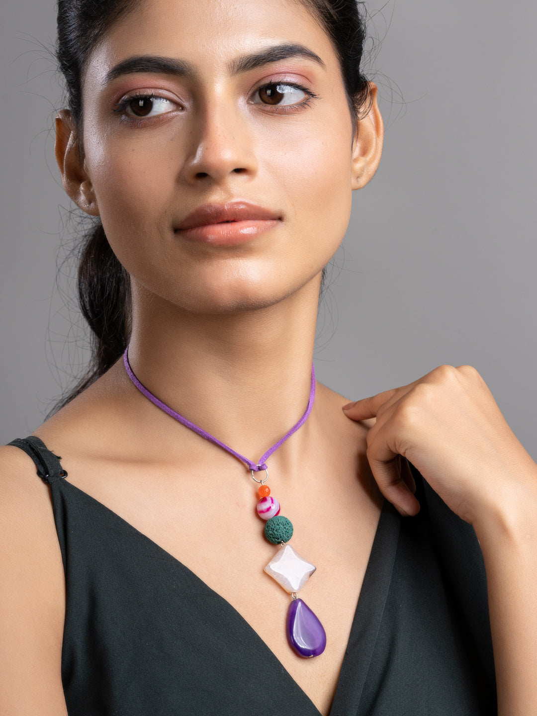 Purple Pink Green Onyx Agate Lava Sleek Necklace With Adjustable Suede Cord LOOK AND ADORN - designed for you