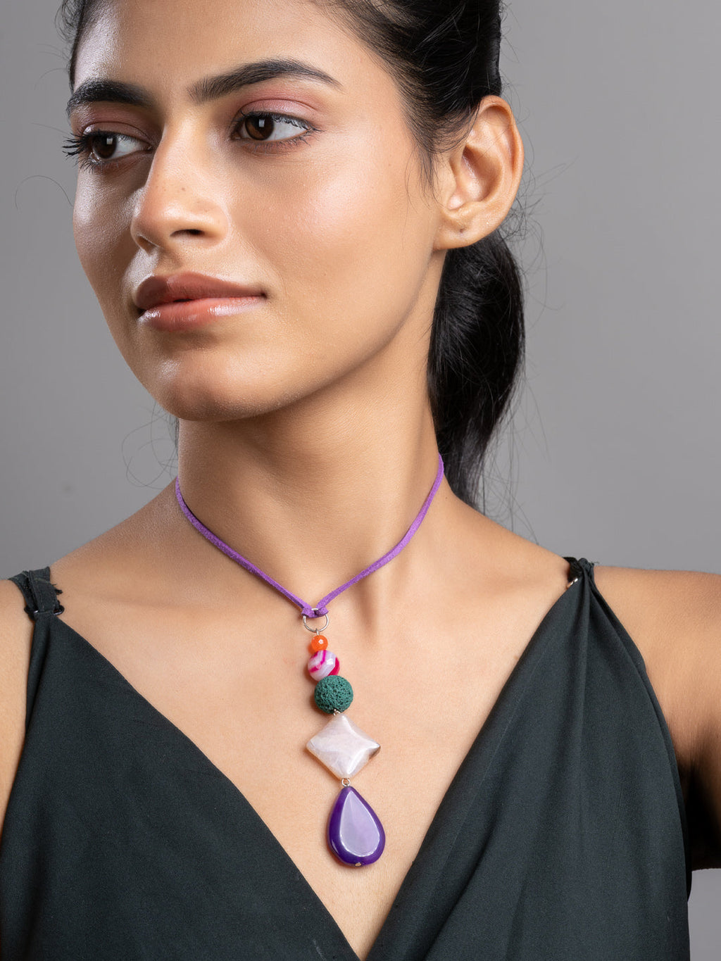 Purple Pink Green Onyx Agate Lava Sleek Necklace With Adjustable Suede Cord LOOK AND ADORN - designed for you