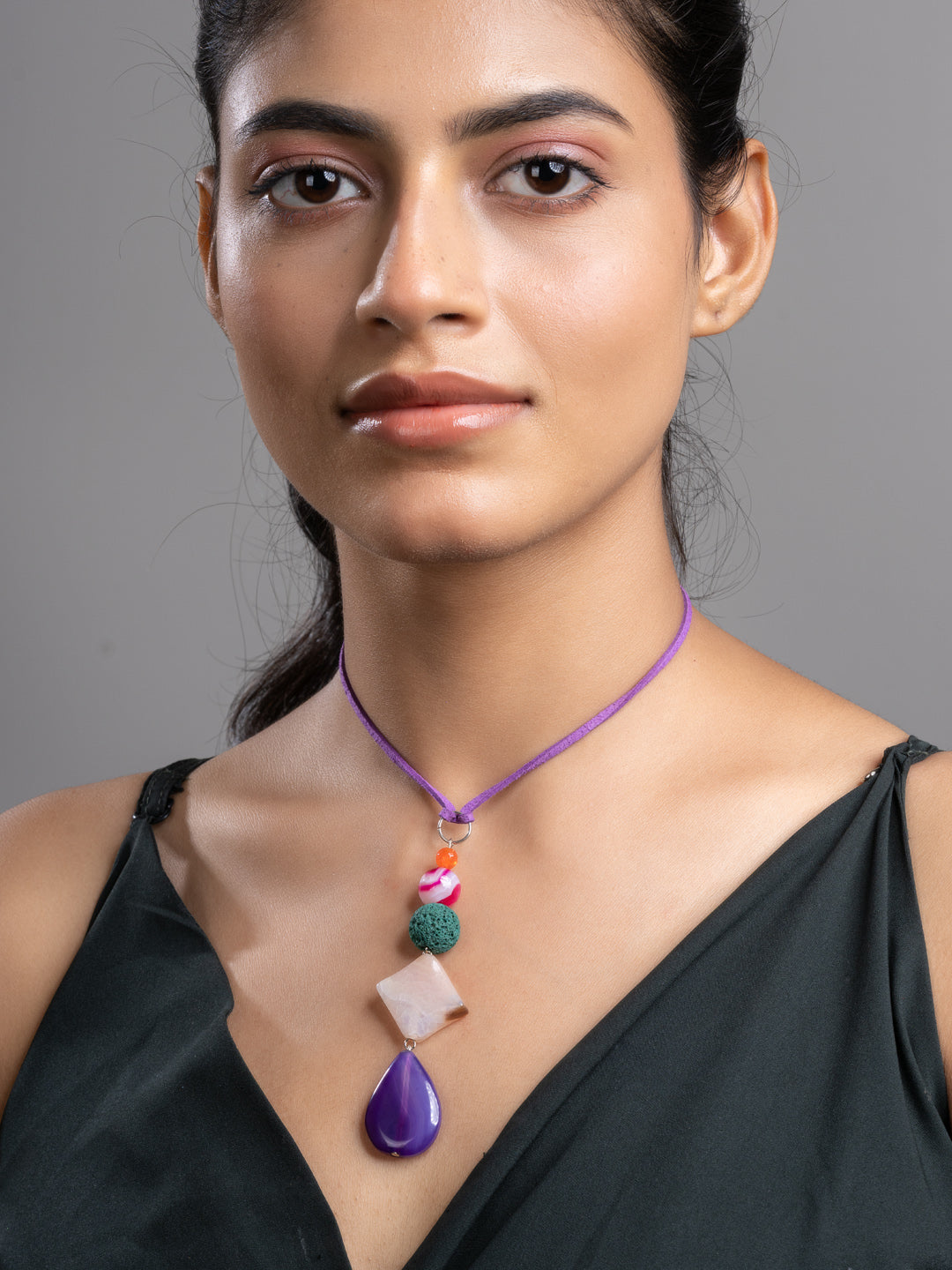 Purple Pink Green Onyx Agate Lava Sleek Necklace With Adjustable Suede Cord