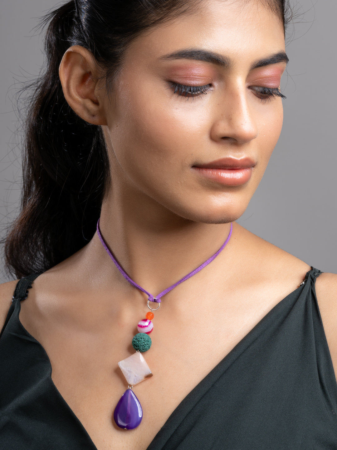 Purple Pink Green Onyx Agate Lava Sleek Necklace With Adjustable Suede Cord LOOK AND ADORN - designed for you