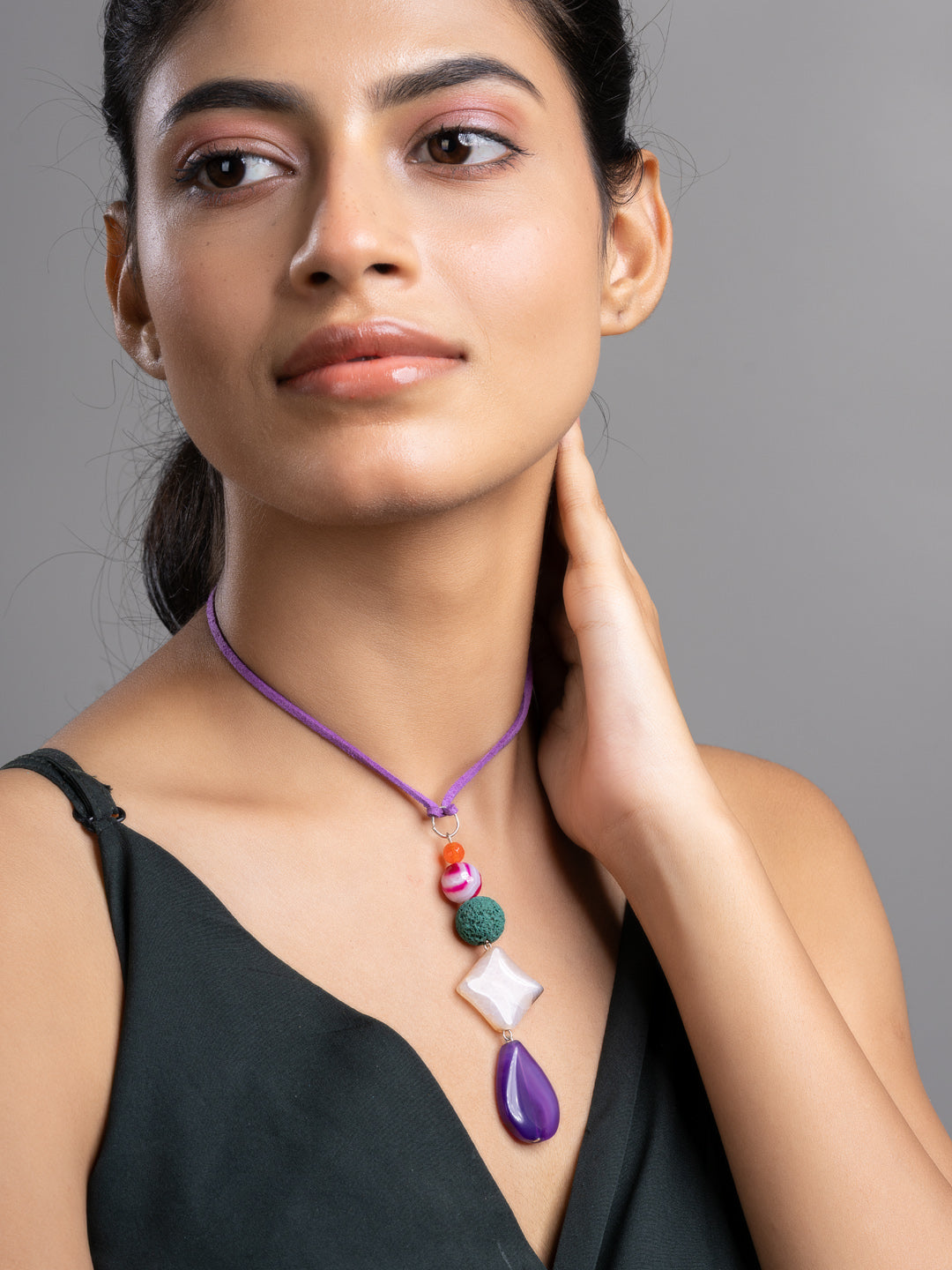 Purple Pink Green Onyx Agate Lava Sleek Necklace With Adjustable Suede Cord