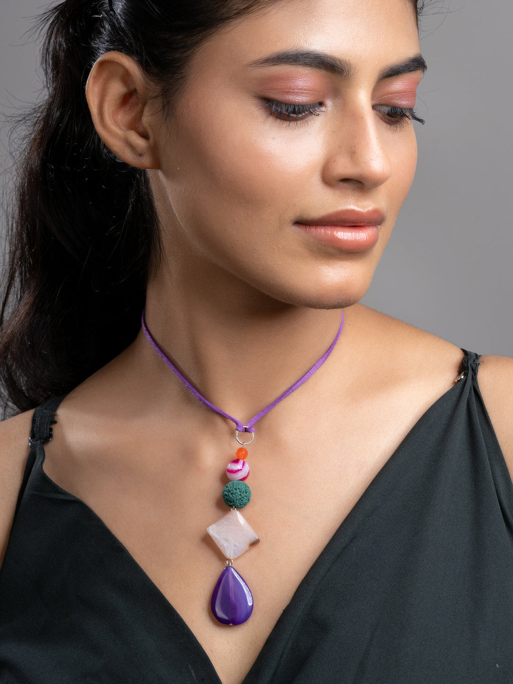 Purple Pink Green Onyx Agate Lava Sleek Necklace With Adjustable Suede Cord LOOK AND ADORN - designed for you