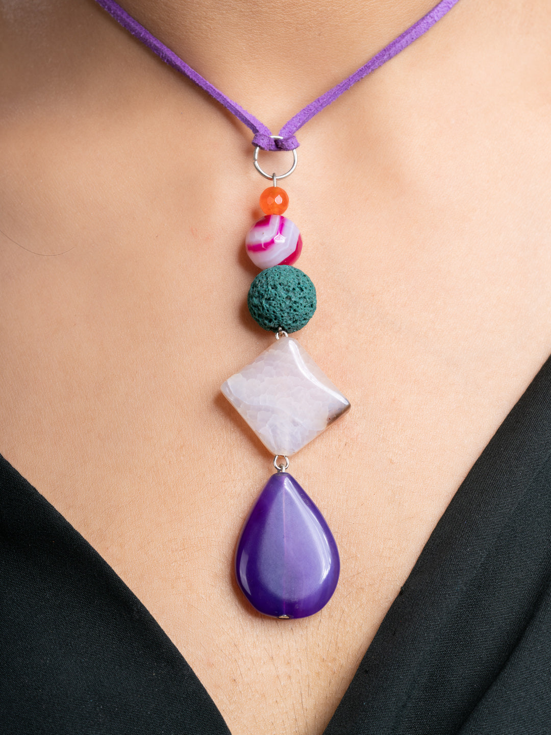 Purple Pink Green Onyx Agate Lava Sleek Necklace With Adjustable Suede Cord