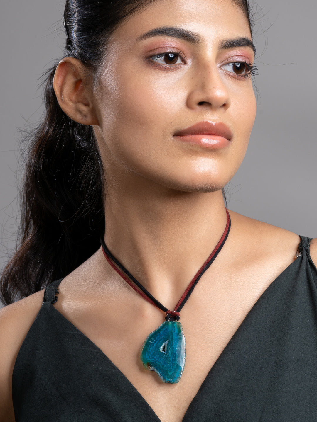 Peacock Blue Onyx Sleek Necklace With Adjustable Suede Cord