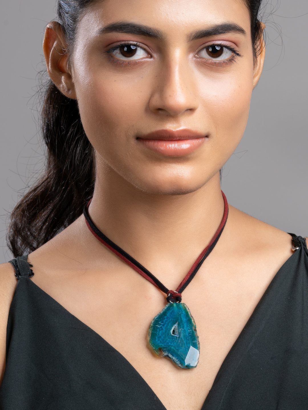 Peacock Blue Onyx Sleek Necklace With Adjustable Suede Cord