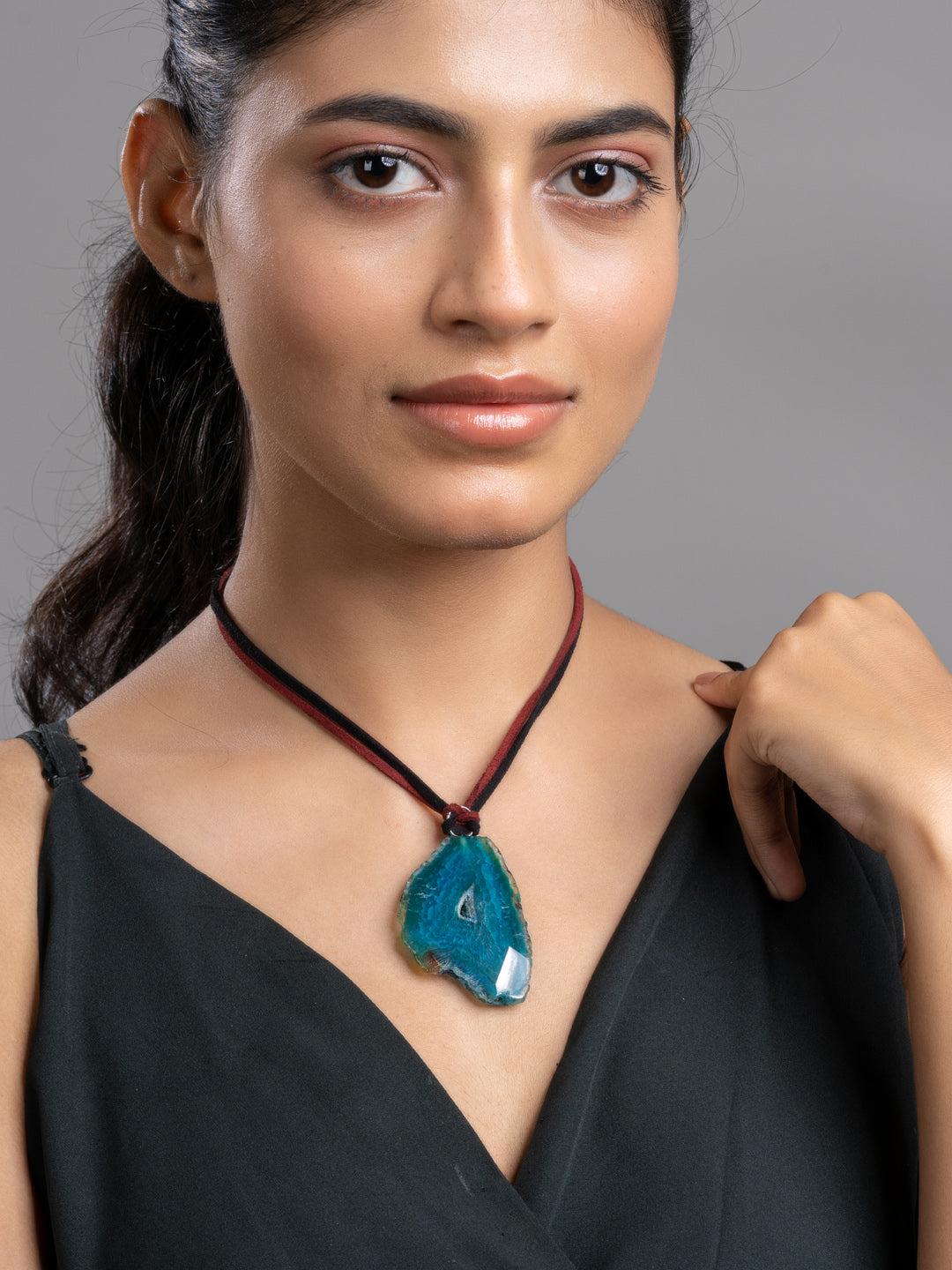 Peacock Blue Onyx Sleek Necklace With Adjustable Suede Cord