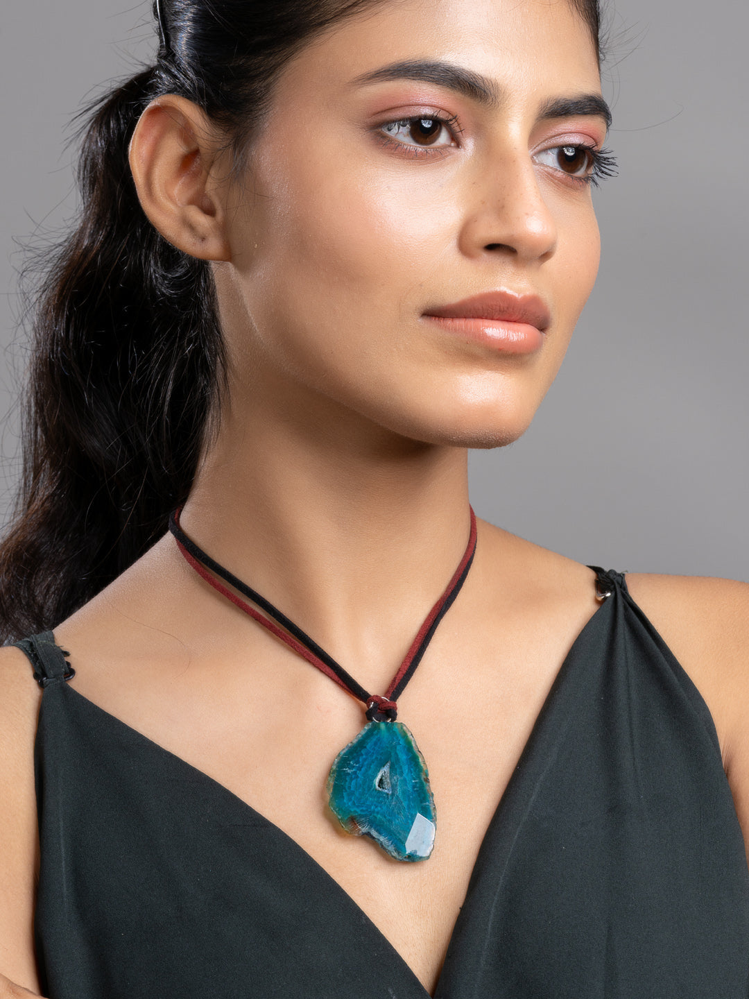 Peacock Blue Onyx Sleek Necklace With Adjustable Suede Cord