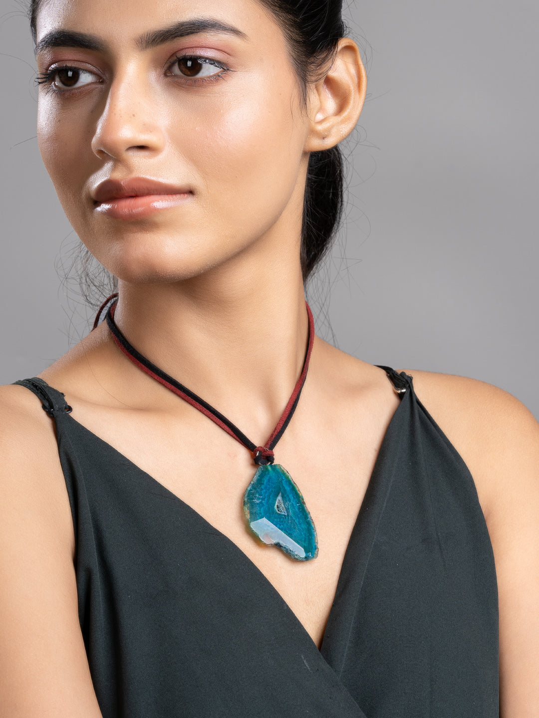 Peacock Blue Onyx Sleek Necklace With Adjustable Suede Cord