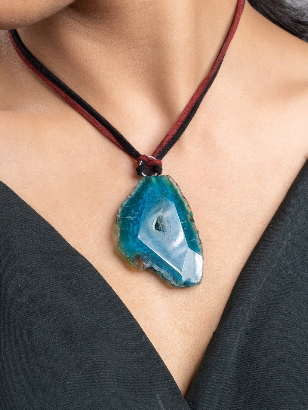 Peacock Blue Onyx Sleek Necklace With Adjustable Suede Cord