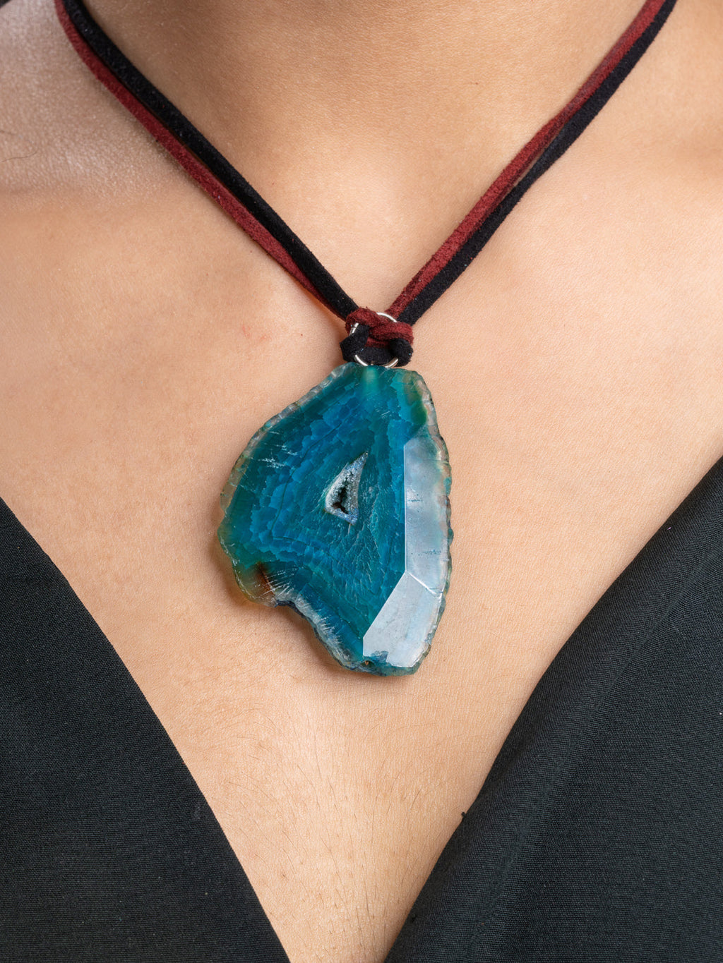 Peacock Blue Onyx Sleek Necklace With Adjustable Suede Cord