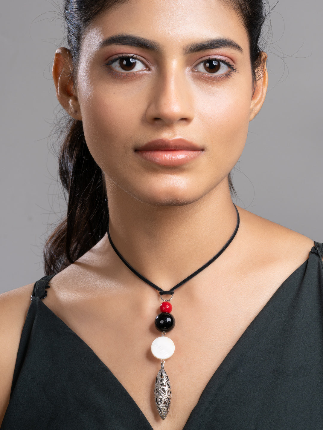 Red Black White Onyx Mother Of Pearl German Silver Sleek Necklace With Adjustable Suede Cord