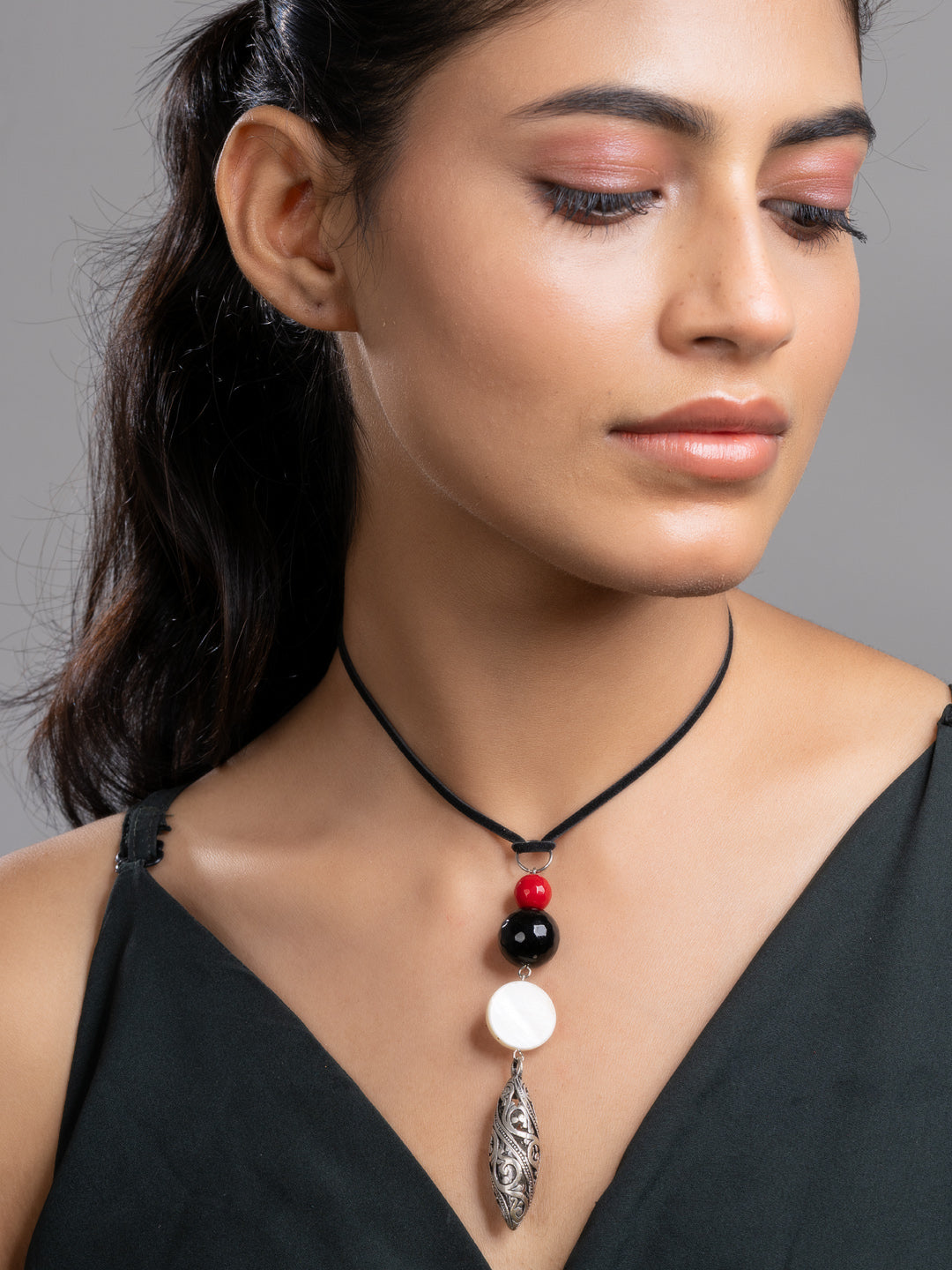Red Black White Onyx Mother Of Pearl German Silver Sleek Necklace With Adjustable Suede Cord