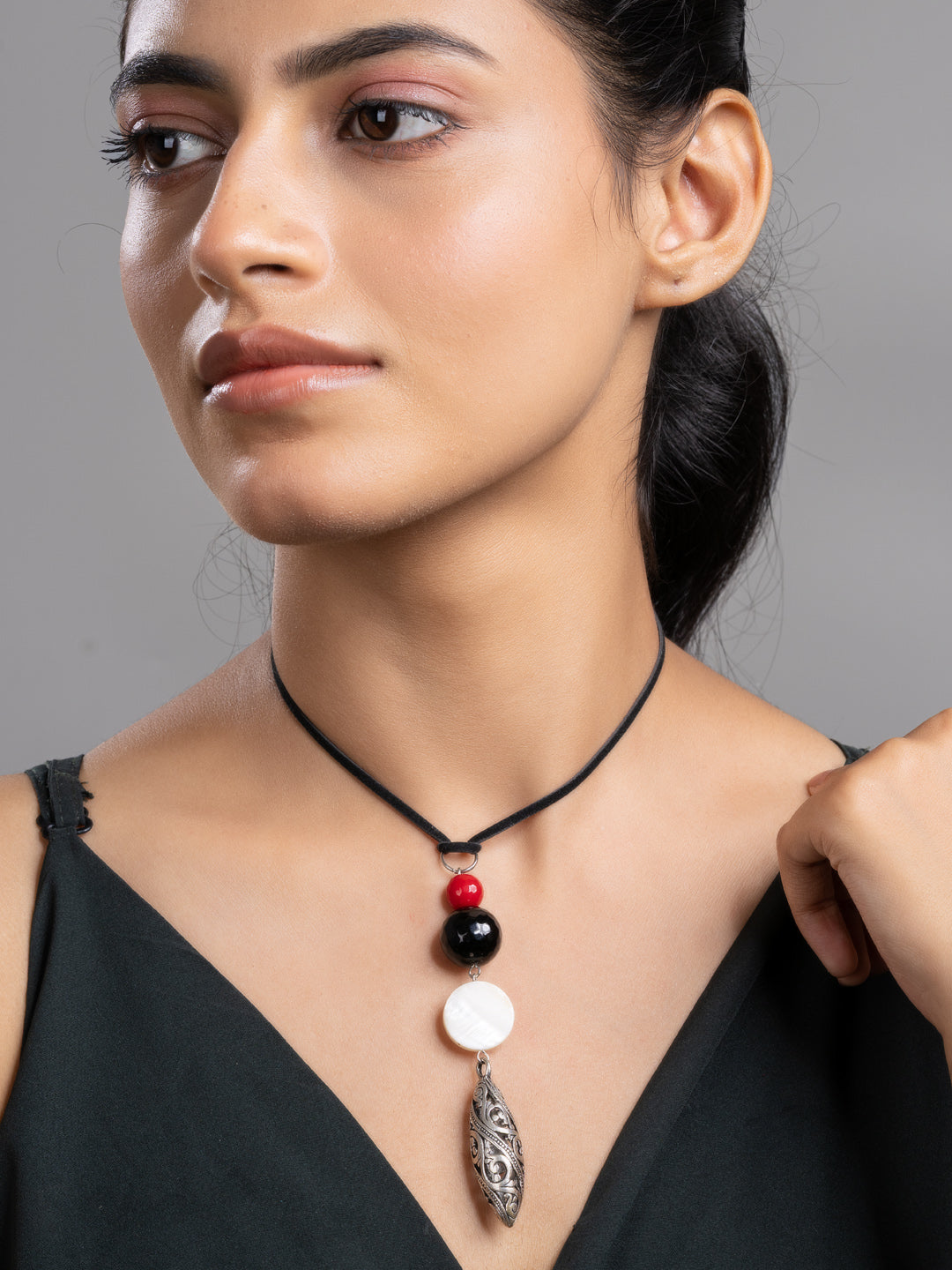 Red Black White Onyx Mother Of Pearl German Silver Sleek Necklace With Adjustable Suede Cord
